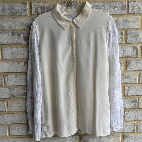 ALEXIS Cotton Crochet Lace Long Sleeve 100% Silk Button Up Blouse Women's Size L - Picture 1 of 9